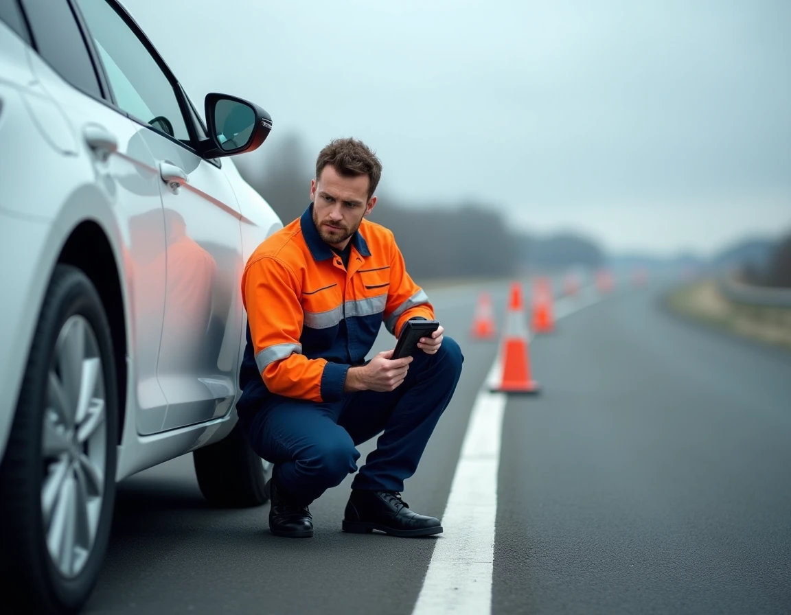 Technicien d'assistance routière utilisant un scanner de diagnostic OBD sur une voiture en panne d'ESP sur l'autoroute