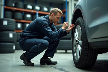 Technicien automobile inspectant un pneu dans un garage de vente de pneus pas chers