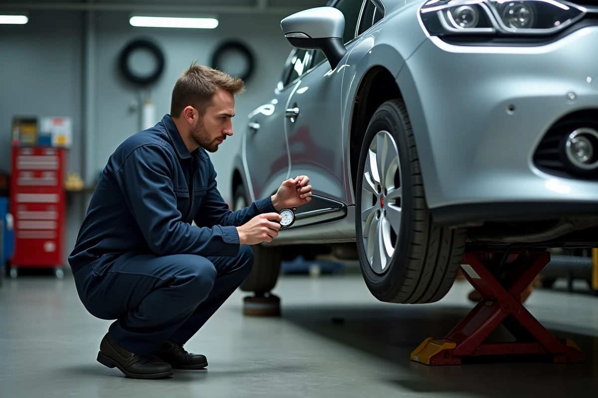 Technicien automobile inspectant les pneus d'une Renault Clio dans un atelier de mécanique