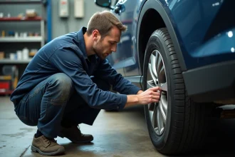 Technicien automobile lisant les marquages de taille sur le flanc d'un pneu dans un garage professionnel