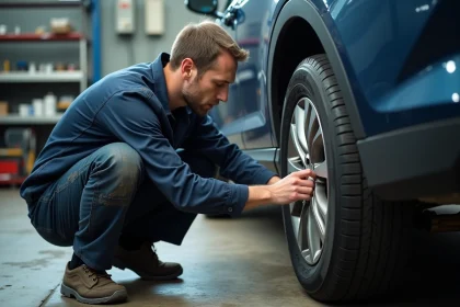 Technicien automobile lisant les marquages de taille sur le flanc d'un pneu dans un garage professionnel
