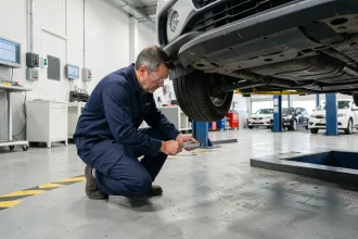 Technicien automobile mesurant la hauteur de caisse d'un SUV surélevé lors d'un contrôle technique en centre agréé