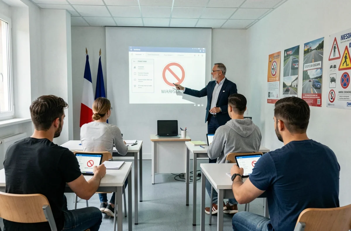 Des élèves en cours de code de la route dans la salle de l'auto-école Top Conduite dans le Loiret