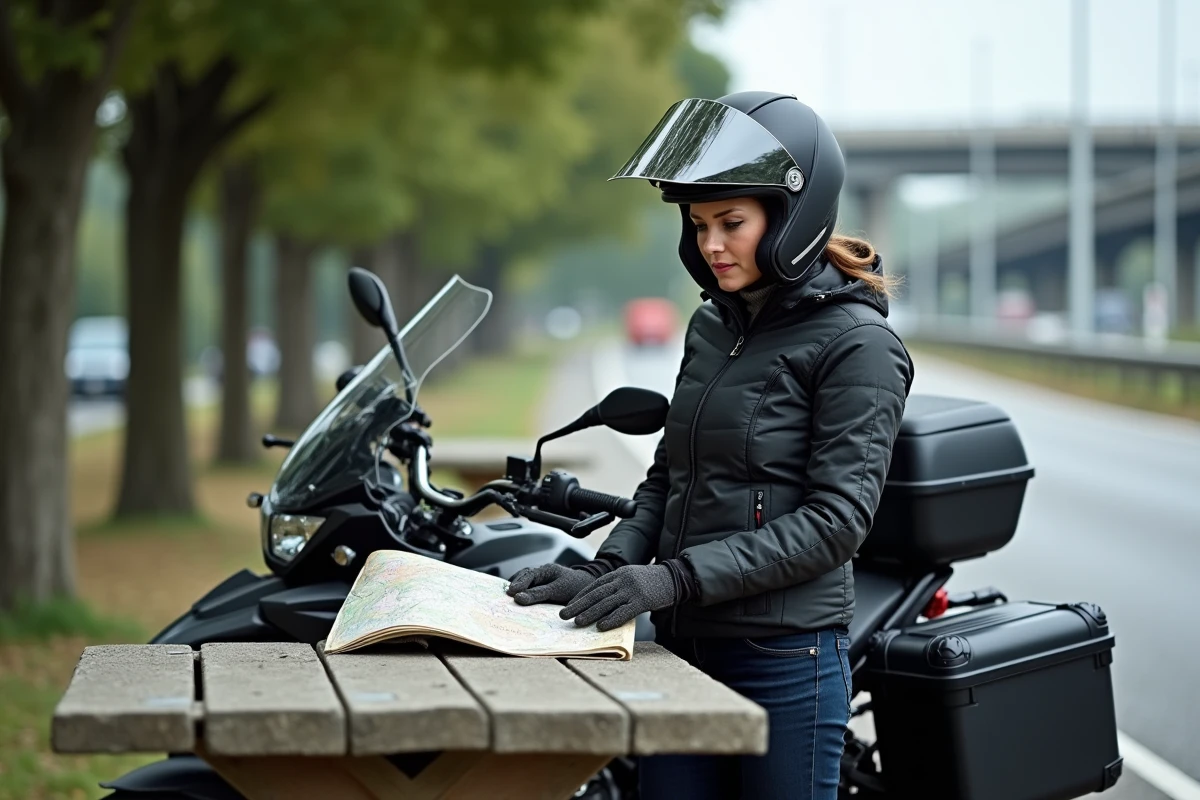 Motarde en pause sur aire d'autoroute avec trail moto équipé de valises et grand pare-brise de touring