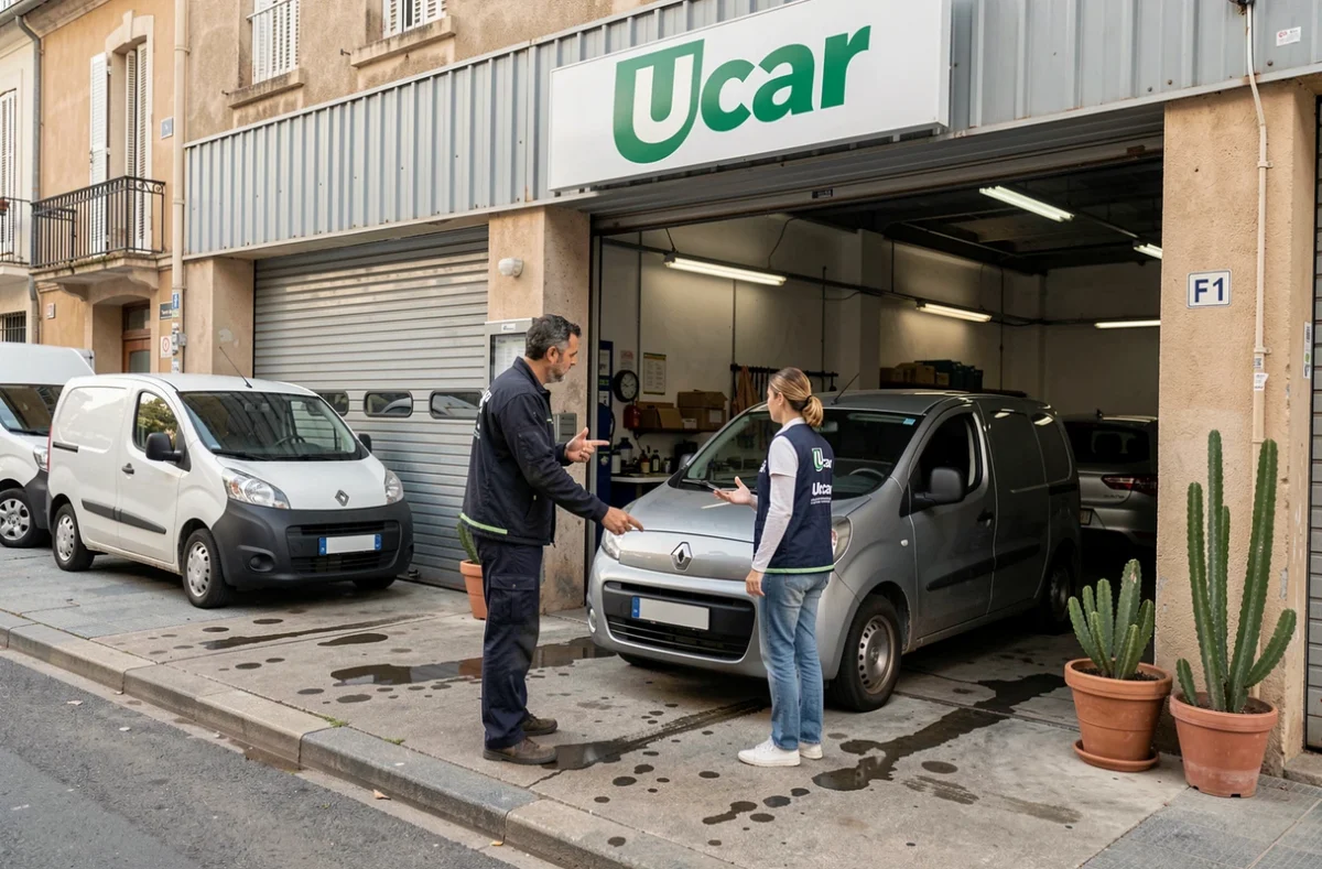 Point de location Ucar dans un garage de quartier à Aix-en-Provence avec un agent guidant une cliente vers un véhicule utilitaire