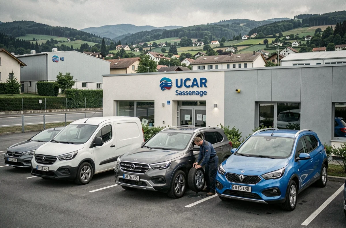 Flotte de véhicules de location devant l'agence UCAR de Sassenage en Isère