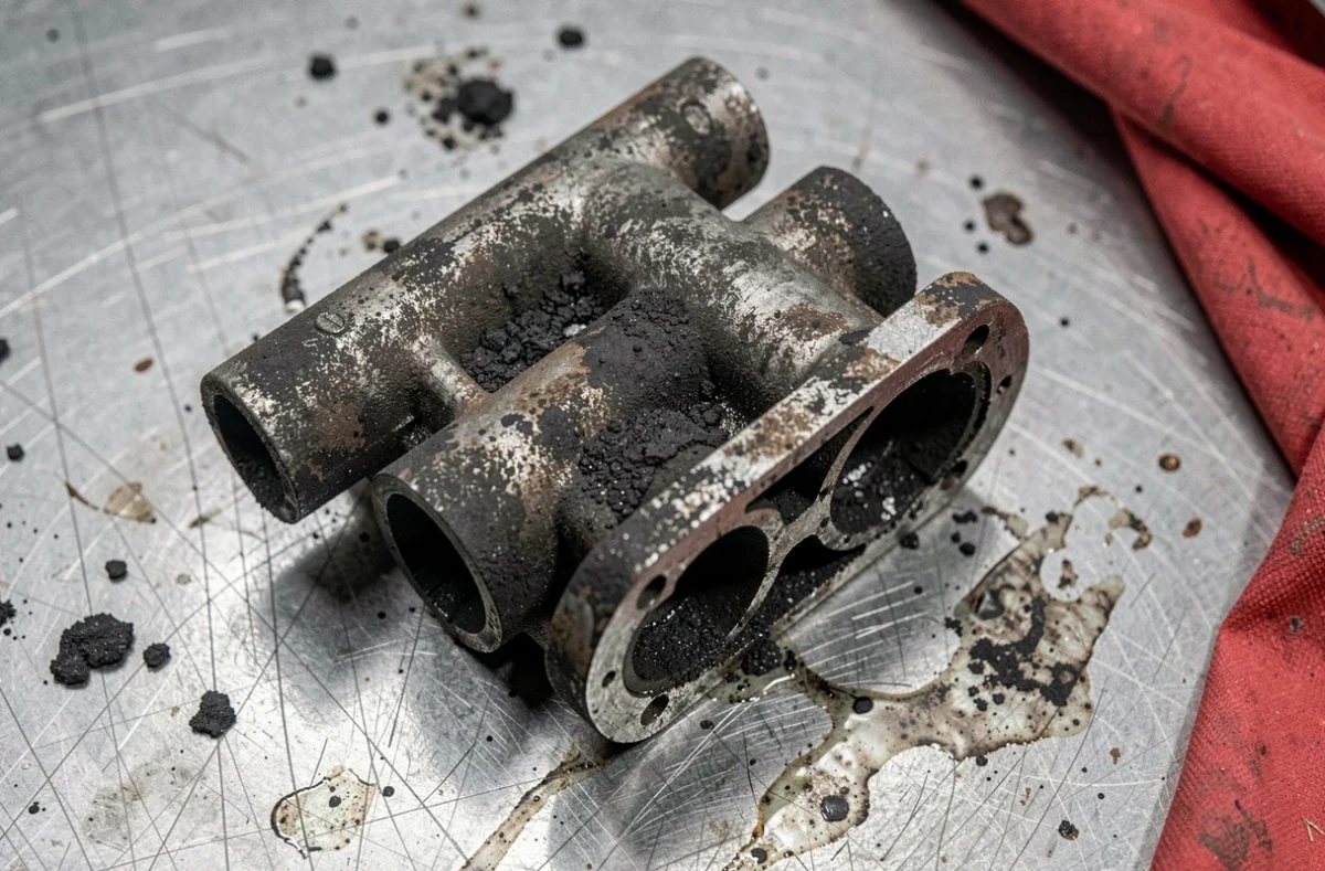 Vanne EGR encrassée avec dépôts de carbone importants posée sur un établi de garage