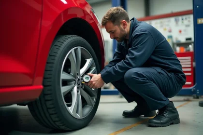 Mécanicien vérifiant la pression des pneus d'une Seat Ibiza rouge avec un manomètre numérique dans un atelier automobile