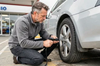 Homme vérifiant la pression des pneus de sa voiture avec un gonfleur numérique à une station-service