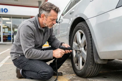 Homme vérifiant la pression des pneus de sa voiture avec un gonfleur numérique à une station-service