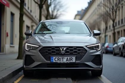 Vignette Crit'Air collée sur le pare-brise d'une voiture garée dans une rue de Rennes en 2026
