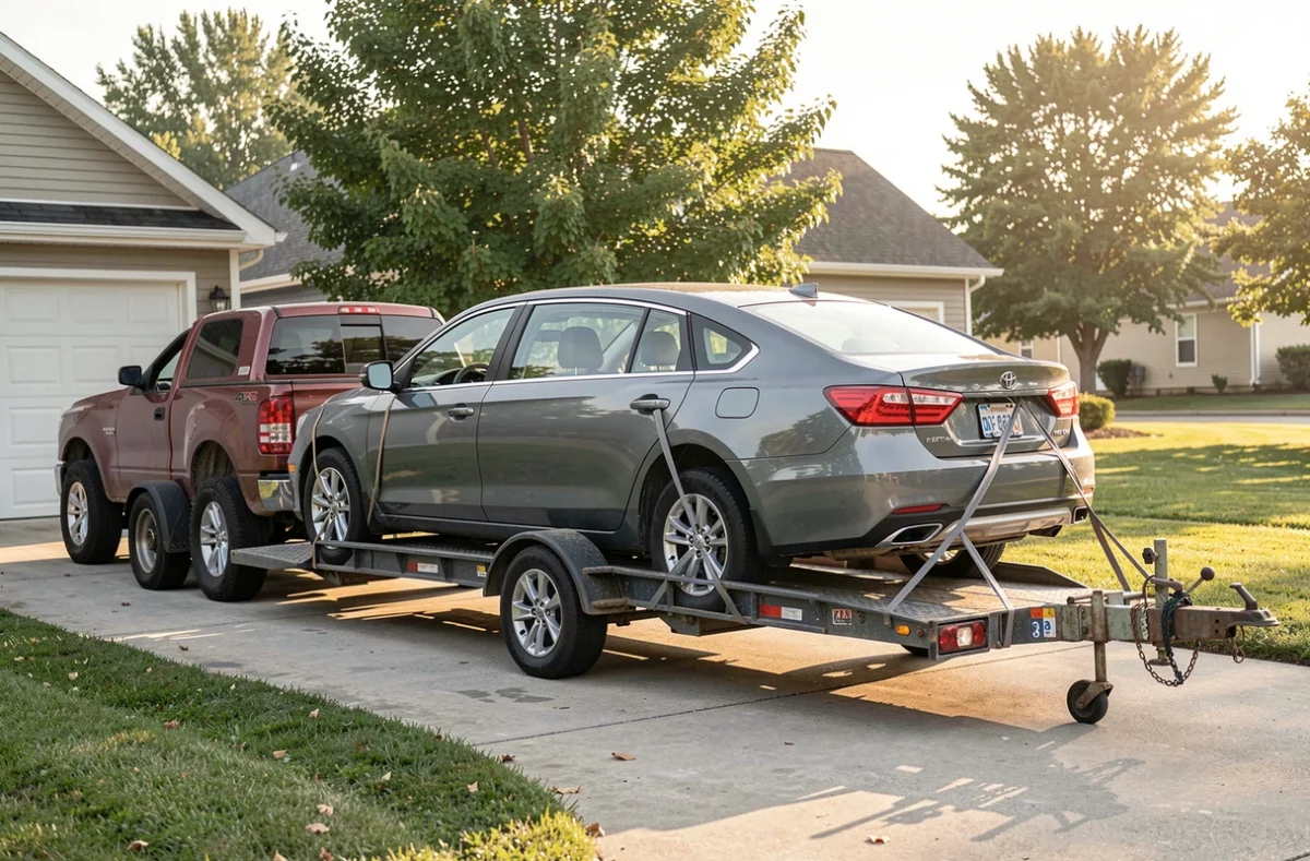 Voiture arrimée sur une remorque porte-voiture attelée