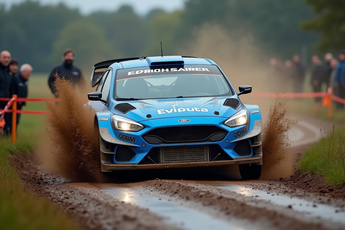 Voiture de rallye driftant sur un virage boueux