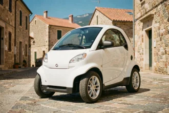 Voiture sans permis blanche garée dans une rue pavée de Bastia avec vue sur les toits corses et la mer en arrière-plan