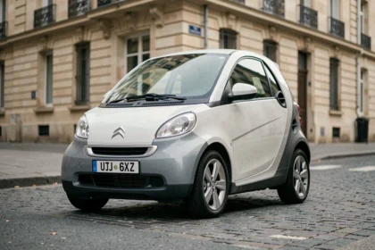 Voiture sans permis électrique Citroën garée dans une rue parisienne, vue trois quarts avant