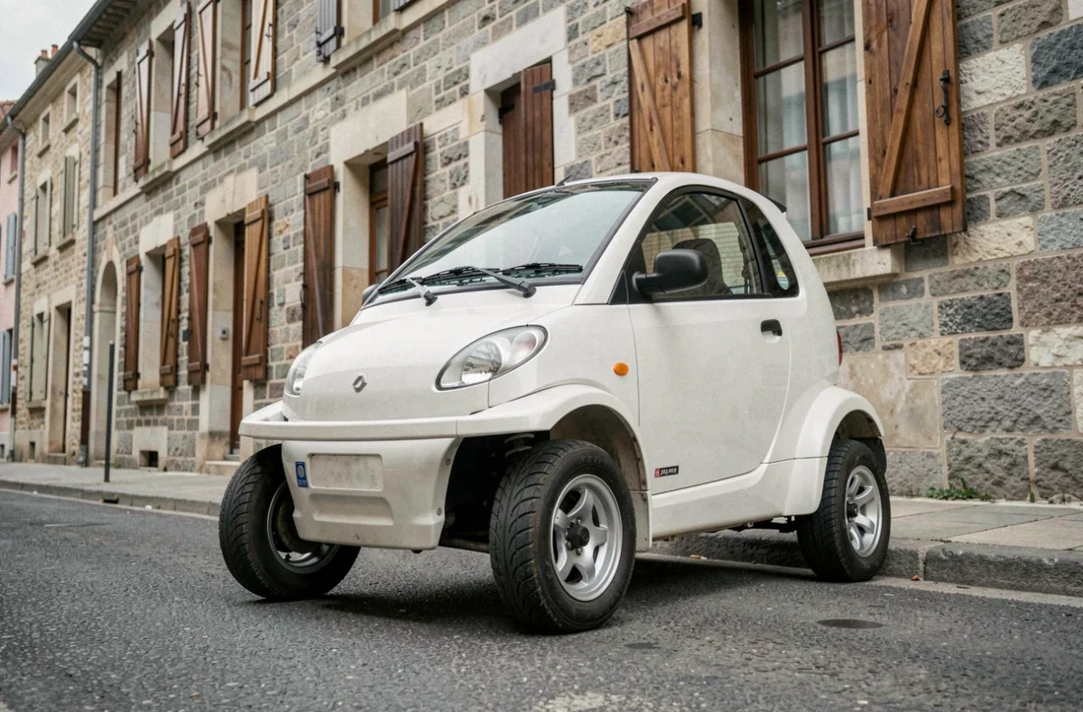 Voiture sans permis électrique garée dans une rue résidentielle française