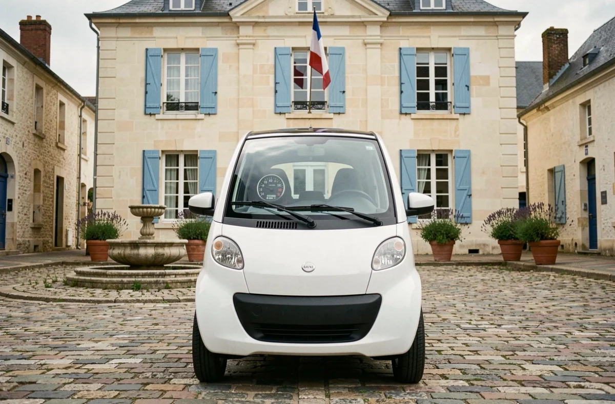 Voiture sans permis garée devant une mairie française avec compteur kilométrique visible
