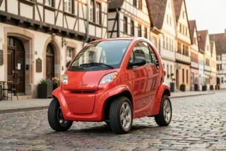 Voiture sans permis rouge garée sur les pavés d'une rue typique de Strasbourg avec maisons alsaciennes en arrière-plan