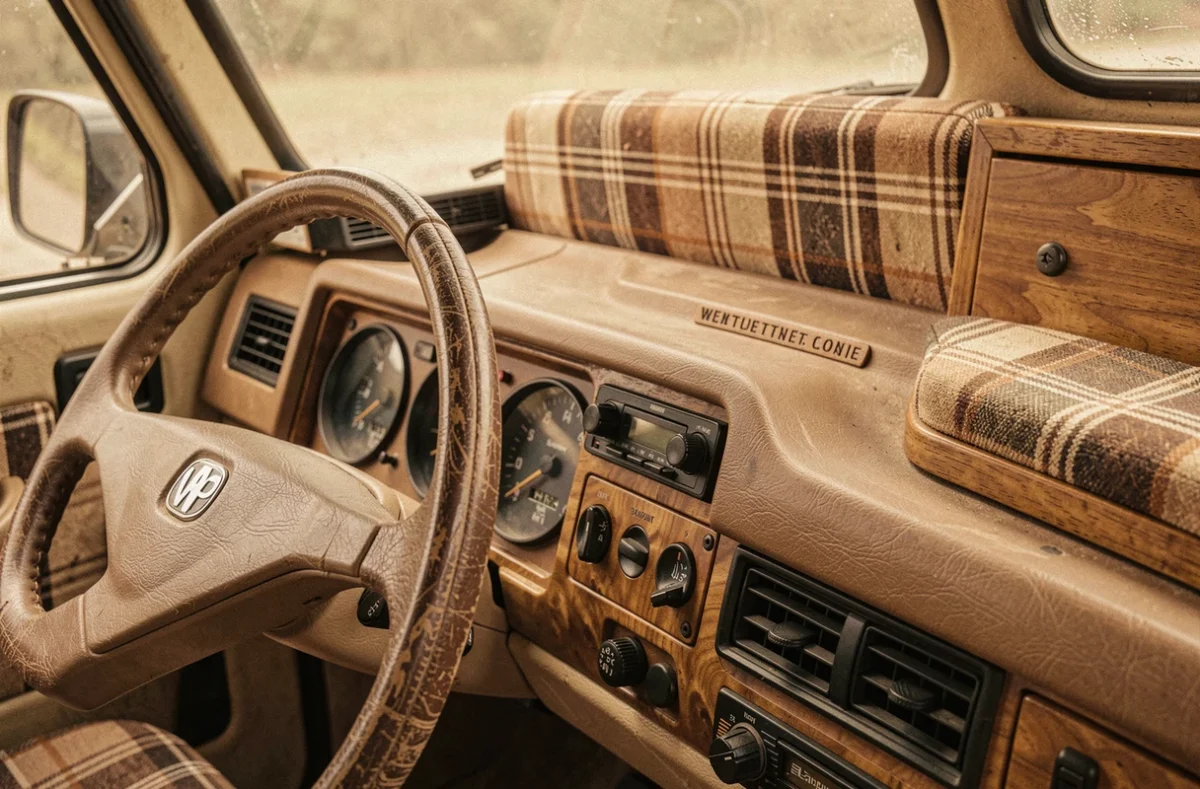 Intérieur rare d'un Volkswagen T3 Westfalia avec meuble en bois d'époque, sellerie à carreaux originale et autoradio Blaupunkt vintage