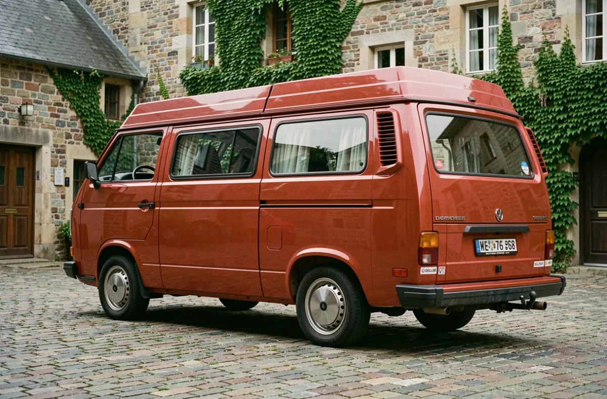 Volkswagen T3 rouge tornado avec porte-roue de secours extérieur et double porte coulissante rarissimes sur pavés d'un village européen