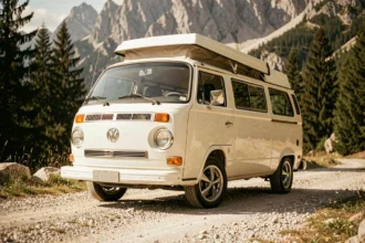 Volkswagen Type 2 T3 Syncro blanc alpin avec options rares toit relevable et jantes alliage d'époque sur route de montagne en gravier