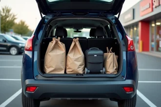 Coffre du Peugeot 3008 Phase 2 ouvert dans un parking, chargé de sacs de courses et d'une poussette
