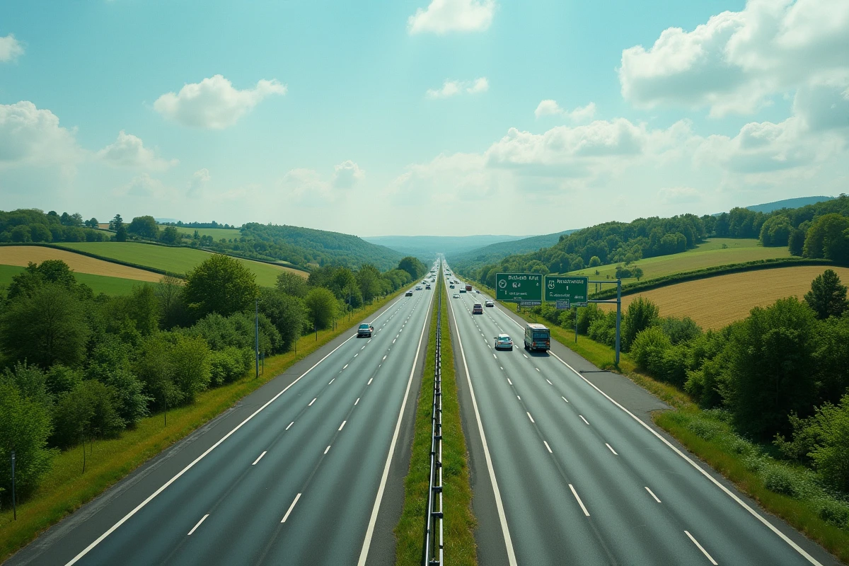 Vue aérienne d'une autoroute gratuite française traversant une campagne verdoyante avec des panneaux de signalisation routière visibles