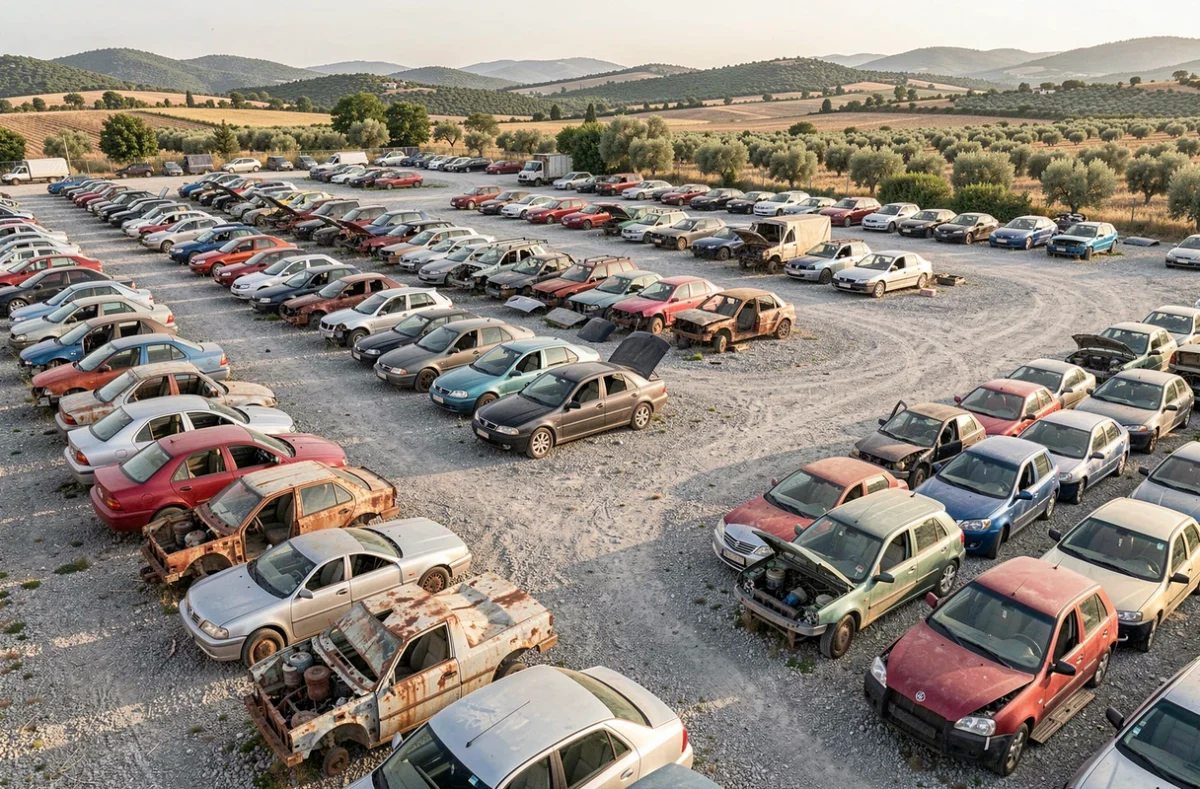 Vue panoramique de la casse automobile AES à Plan de Campagne avec rangées de véhicules désossés