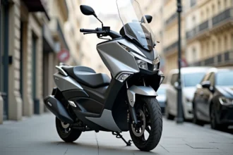 Yamaha TMAX 750 d'occasion garé sur un trottoir parisien, vue 3/4 avant montrant l'état général du scooter avec des traces d'usure réalistes